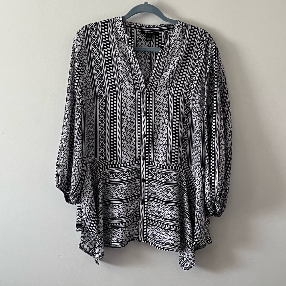 Style & Co Black White Geometric L/S Blouse Top sz Large
